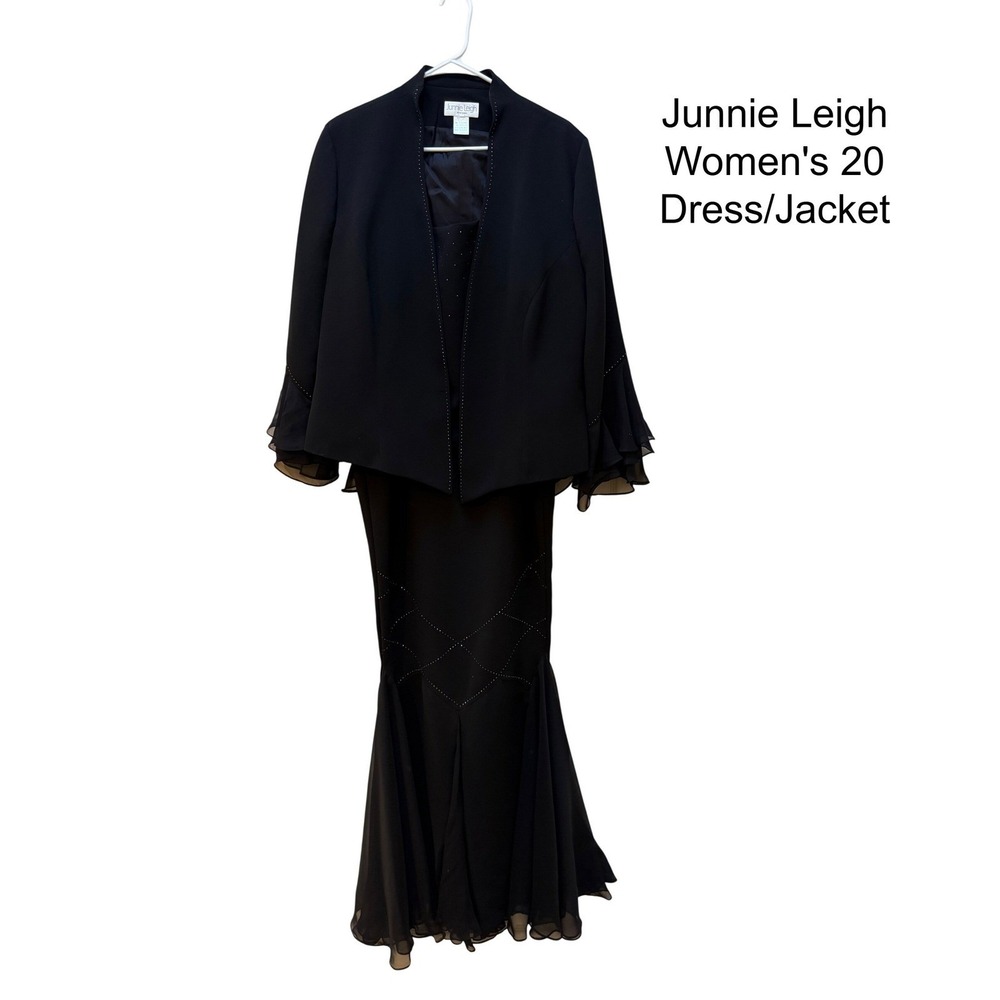 Junnie Leigh Womens 20 Black Rhinestone Maxi Dress and Ruffle Jacket Set Formal
